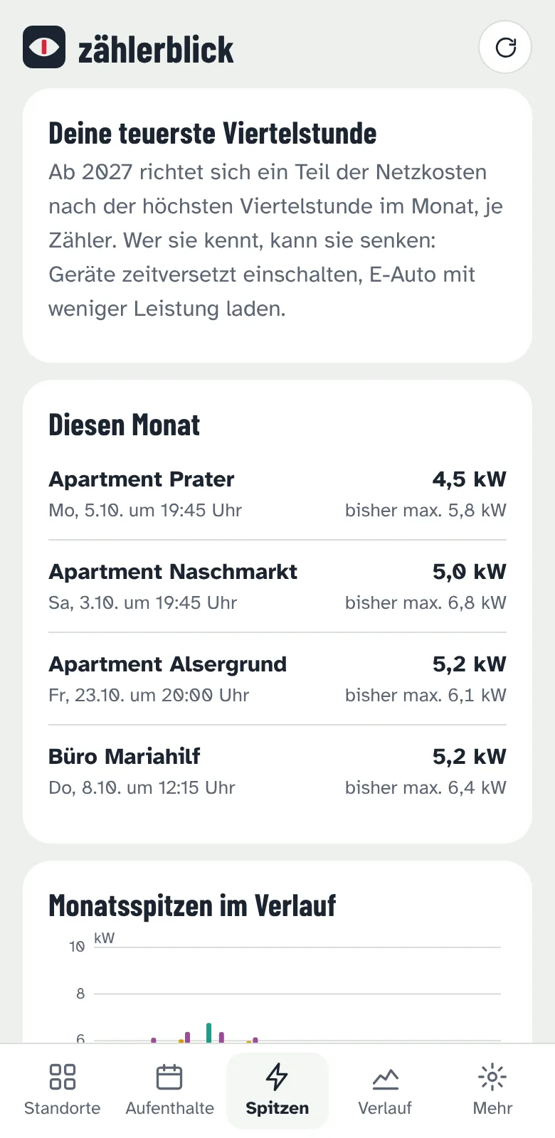 Zählerblick Leistungspreis 2027 Wien: Monatsspitzen je Zähler mit Datum und Uhrzeit