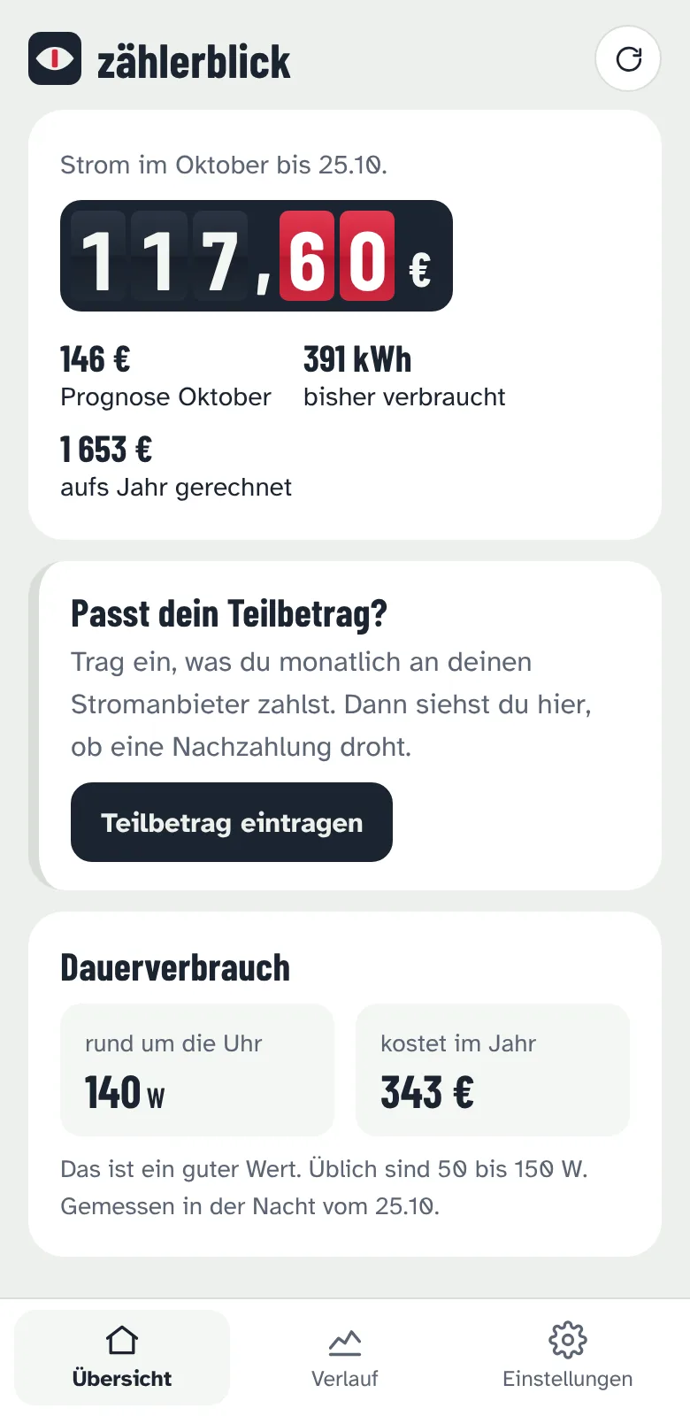 Zählerblick Smart Meter App Wien: Stromkosten des Monats in Euro mit Prognose
